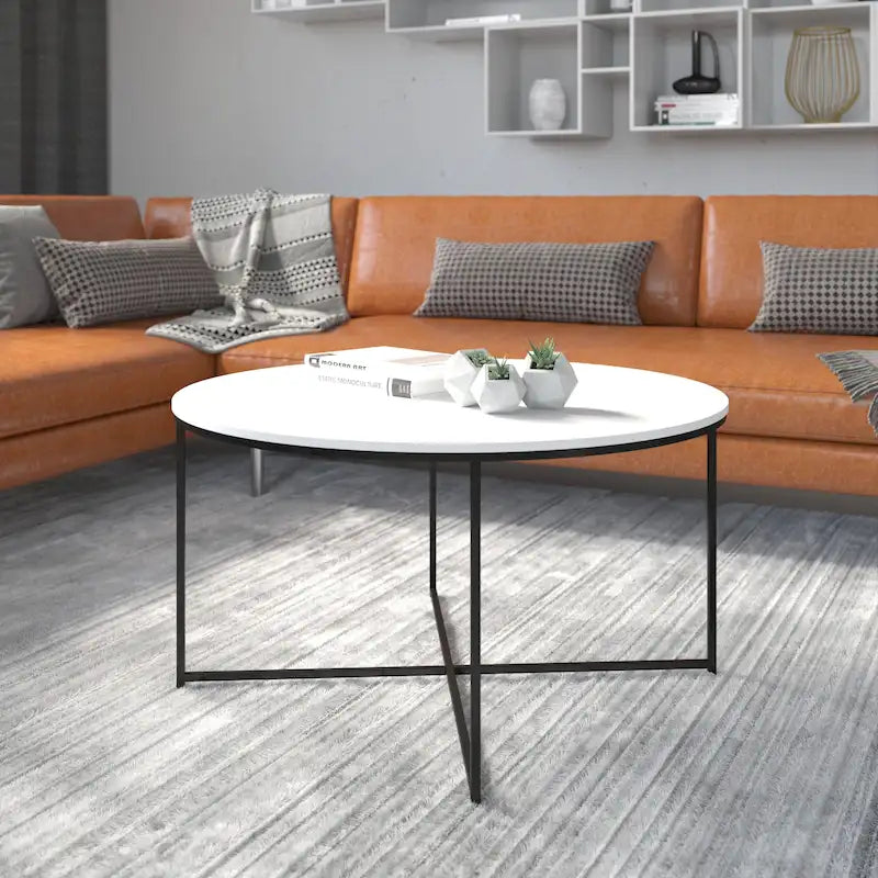 White / Black / Marble / Walnut / Red & More Round Laminate Coffee Table with Cross Brace Frame – Contemporary Style, Living Room Use