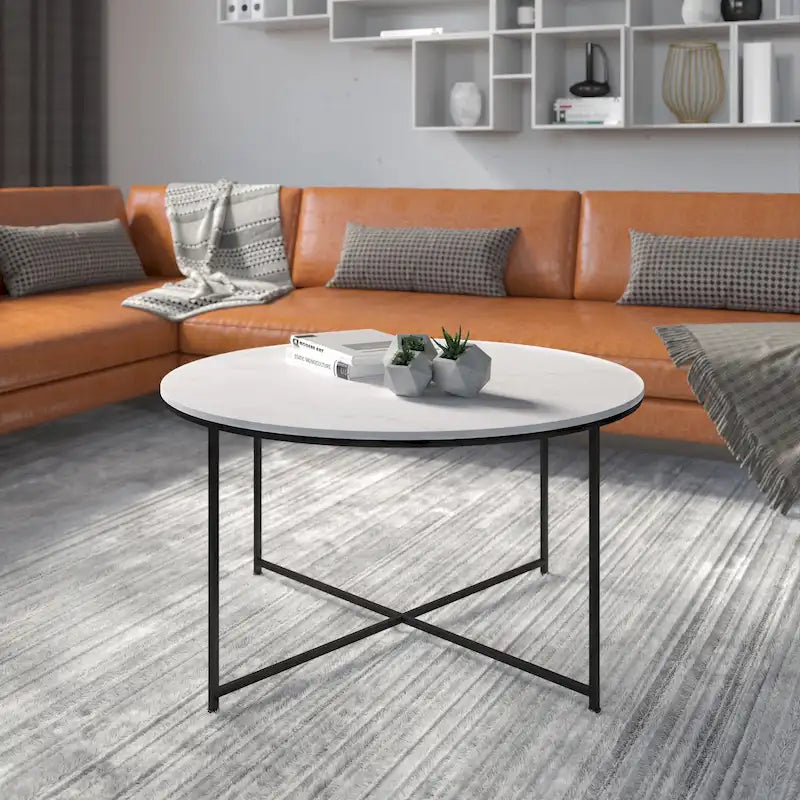 White / Black / Marble / Walnut / Red & More Round Laminate Coffee Table with Cross Brace Frame – Contemporary Style, Living Room Use