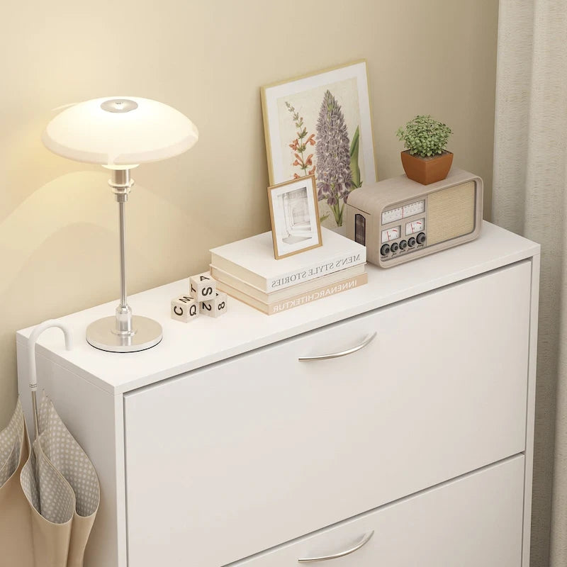 White / Dark Brown Narrow Flip-Down Shoe Cabinet with 3 Compartments – European Style, Entryway Use