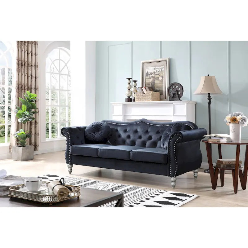 Black / Dark Gray / Burgundy / Navy / Ivory / Pink / Green Velvet Button Tufted Sofa – Glam Style, Seats 3