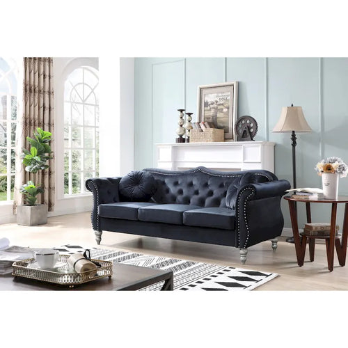 Black / Dark Gray / Burgundy / Navy / Ivory / Pink / Green Velvet Button Tufted Sofa – Glam Style, Seats 3