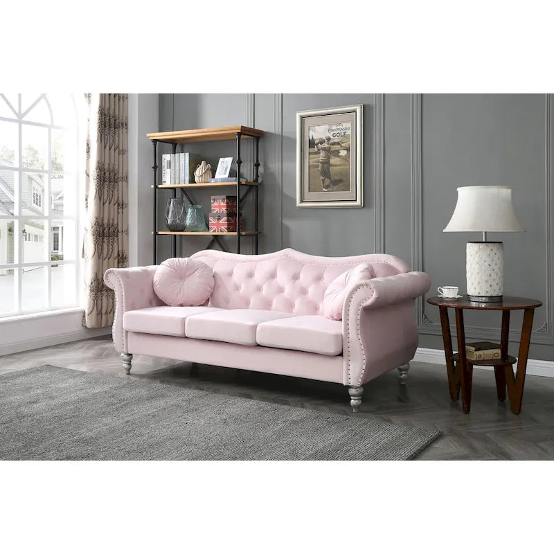 Black / Dark Gray / Burgundy / Navy / Ivory / Pink / Green Velvet Button Tufted Sofa – Glam Style, Seats 3