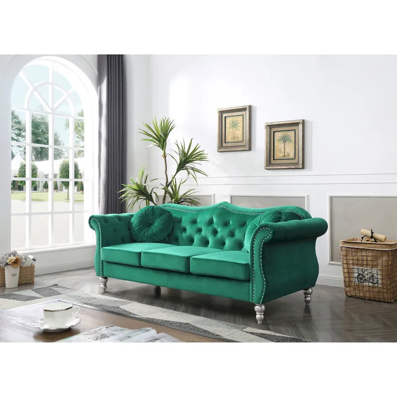 Black / Dark Gray / Burgundy / Navy / Ivory / Pink / Green Velvet Button Tufted Sofa – Glam Style, Seats 3
