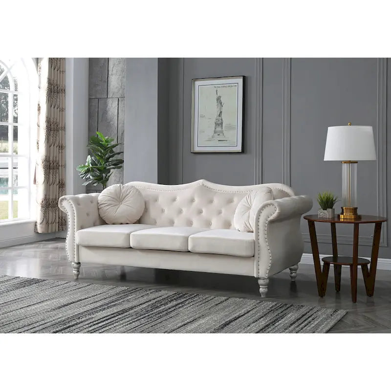 Black / Dark Gray / Burgundy / Navy / Ivory / Pink / Green Velvet Button Tufted Sofa – Glam Style, Seats 3