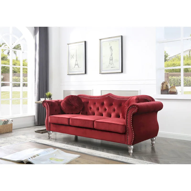 Black / Dark Gray / Burgundy / Navy / Ivory / Pink / Green Velvet Button Tufted Sofa – Glam Style, Seats 3