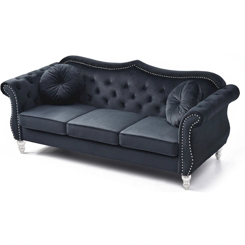 Black / Dark Gray / Burgundy / Navy / Ivory / Pink / Green Velvet Button Tufted Sofa – Glam Style, Seats 3