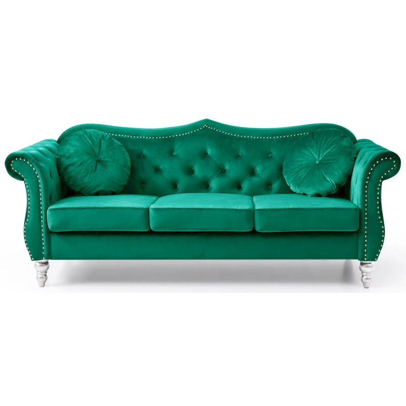 Black / Dark Gray / Burgundy / Navy / Ivory / Pink / Green Velvet Button Tufted Sofa – Glam Style, Seats 3