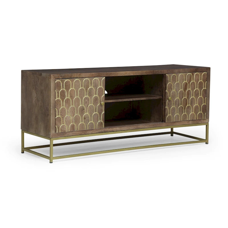Walnut & Gold Mango Wood TV Stand with Sliding Doors – Mid-Century Modern Style, Fits TVs up to 53"