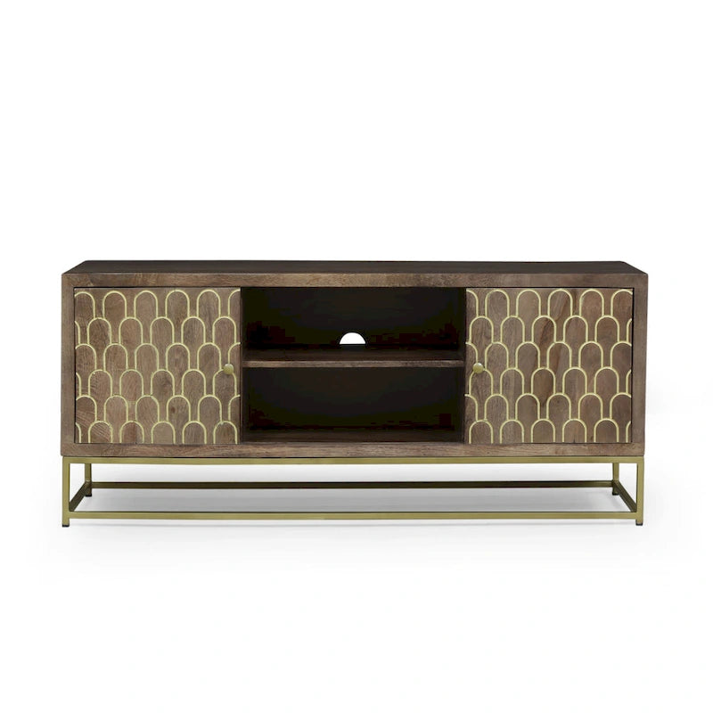 Walnut & Gold Mango Wood TV Stand with Sliding Doors – Mid-Century Modern Style, Fits TVs up to 53"