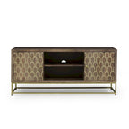 Walnut & Gold Mango Wood TV Stand with Sliding Doors – Mid-Century Modern Style, Fits TVs up to 53"