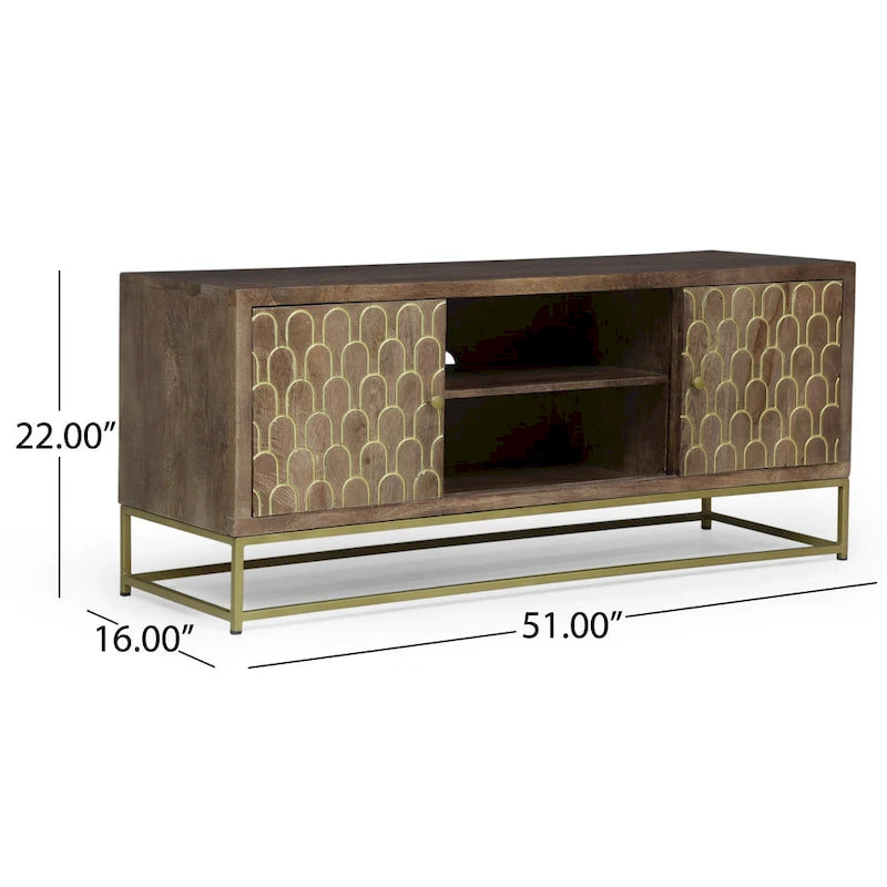 Walnut & Gold Mango Wood TV Stand with Sliding Doors – Mid-Century Modern Style, Fits TVs up to 53"