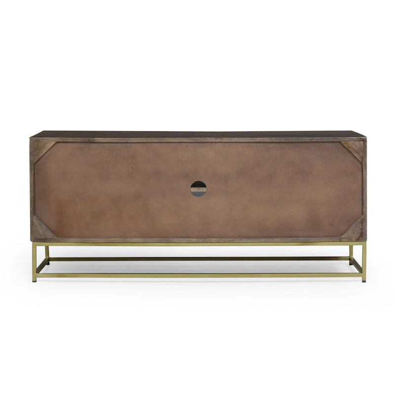 Walnut & Gold Mango Wood TV Stand with Sliding Doors – Mid-Century Modern Style, Fits TVs up to 53"