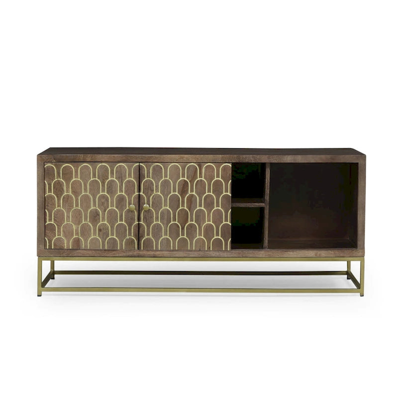 Walnut & Gold Mango Wood TV Stand with Sliding Doors – Mid-Century Modern Style, Fits TVs up to 53"
