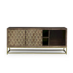 Walnut & Gold Mango Wood TV Stand with Sliding Doors – Mid-Century Modern Style, Fits TVs up to 53"