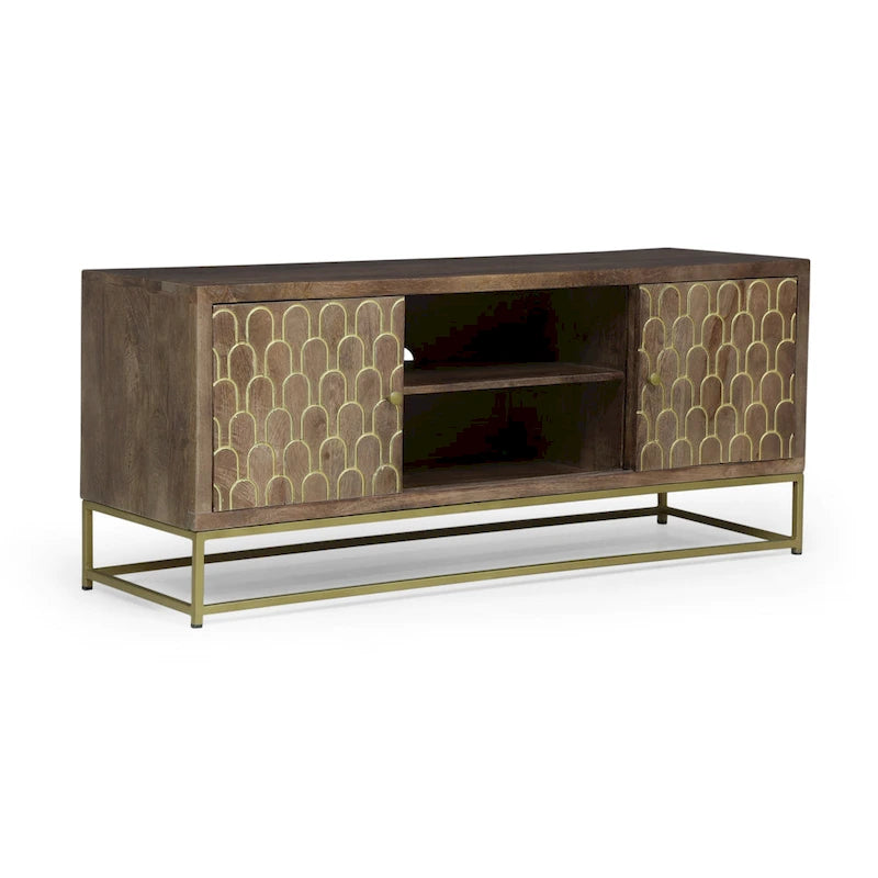 Walnut & Gold Mango Wood TV Stand with Sliding Doors – Mid-Century Modern Style, Fits TVs up to 53"