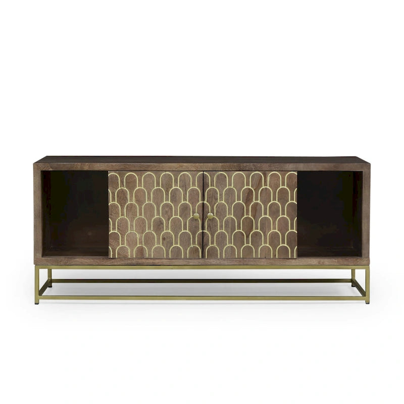 Walnut & Gold Mango Wood TV Stand with Sliding Doors – Mid-Century Modern Style, Fits TVs up to 53"