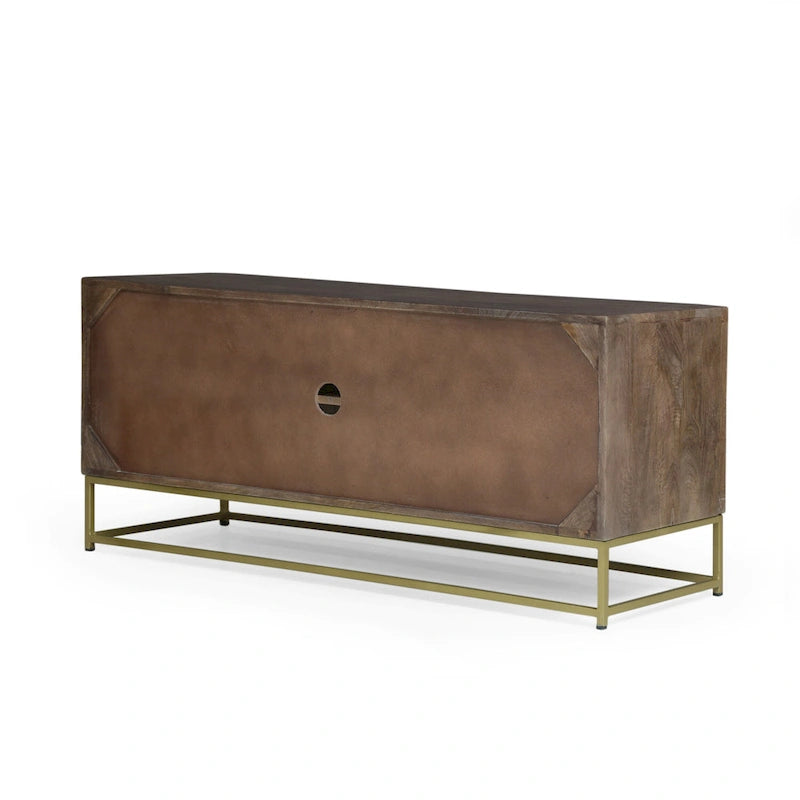 Walnut & Gold Mango Wood TV Stand with Sliding Doors – Mid-Century Modern Style, Fits TVs up to 53"