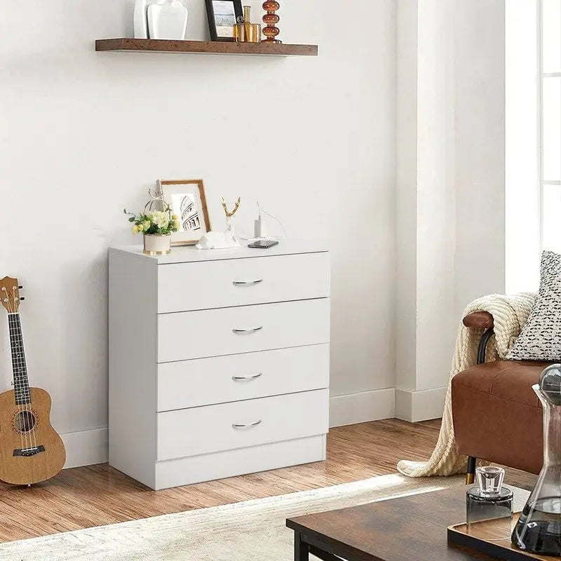 White / Black 4-Drawer Dresser with Built-In Charging Station (2 USB + 2 Outlets) – Minimalist Style, Bedroom Use