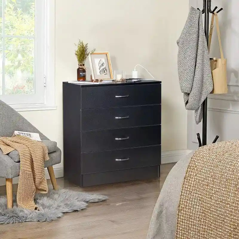 White / Black 4-Drawer Dresser with Built-In Charging Station (2 USB + 2 Outlets) – Minimalist Style, Bedroom Use