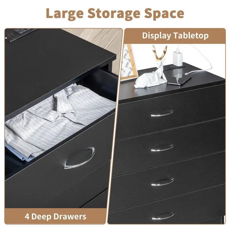 White / Black 4-Drawer Dresser with Built-In Charging Station (2 USB + 2 Outlets) – Minimalist Style, Bedroom Use