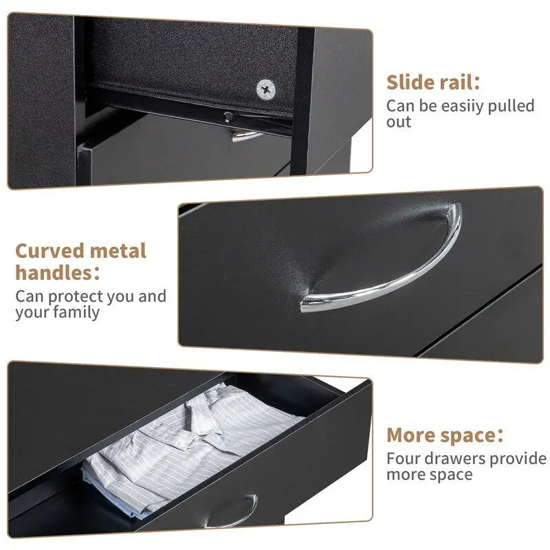 White / Black 4-Drawer Dresser with Built-In Charging Station (2 USB + 2 Outlets) – Minimalist Style, Bedroom Use