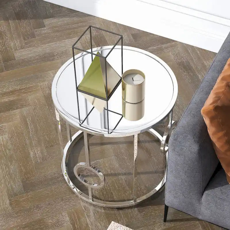 Chrome Steel End Table with Mirror Glass Top & Ring Detail – Glam / Art Deco Style, Living Room Use