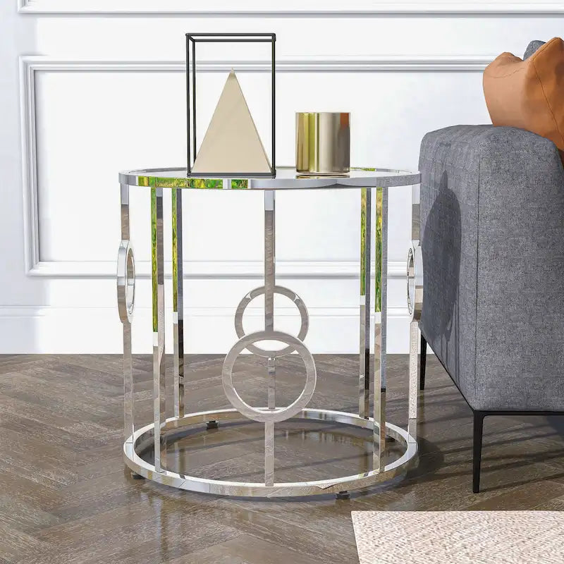 Chrome Steel End Table with Mirror Glass Top & Ring Detail – Glam / Art Deco Style, Living Room Use