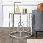 Chrome Steel End Table with Mirror Glass Top & Ring Detail – Glam / Art Deco Style, Living Room Use