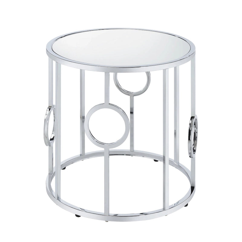 Chrome Steel End Table with Mirror Glass Top & Ring Detail – Glam / Art Deco Style, Living Room Use