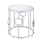 Chrome Steel End Table with Mirror Glass Top & Ring Detail – Glam / Art Deco Style, Living Room Use