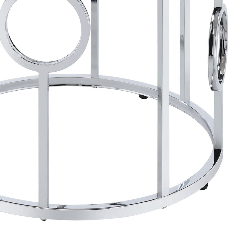 Chrome Steel End Table with Mirror Glass Top & Ring Detail – Glam / Art Deco Style, Living Room Use