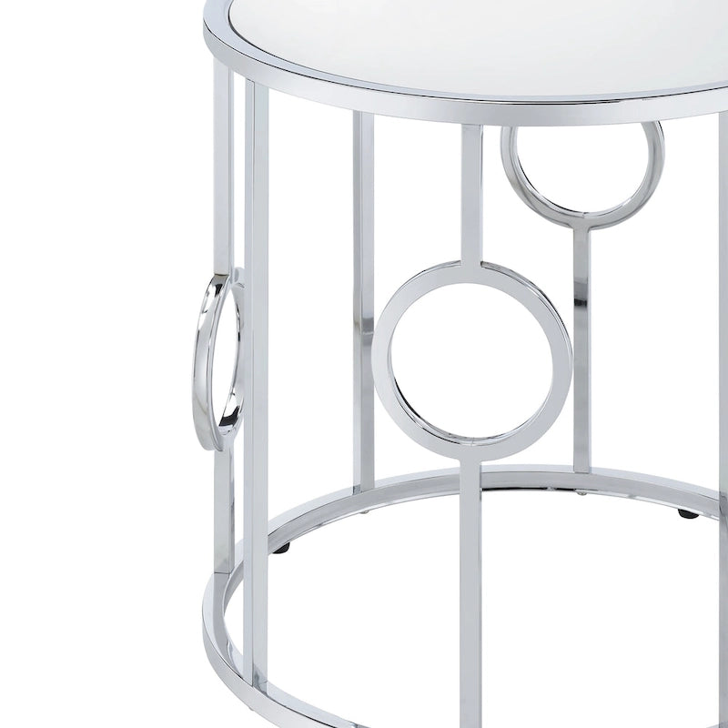 Chrome Steel End Table with Mirror Glass Top & Ring Detail – Glam / Art Deco Style, Living Room Use