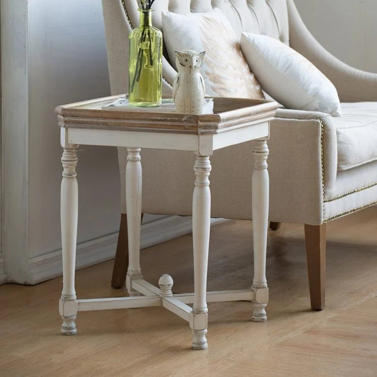 Off-White Square Tray-Top Side Table with Natural Wood Top – Casual Style, Living Room Use
