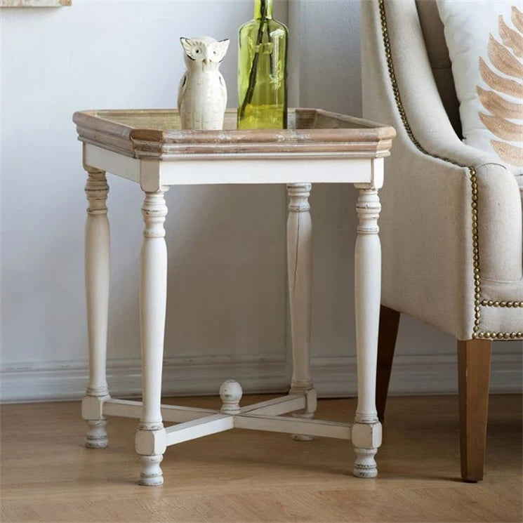 Off-White Square Tray-Top Side Table with Natural Wood Top – Casual Style, Living Room Use