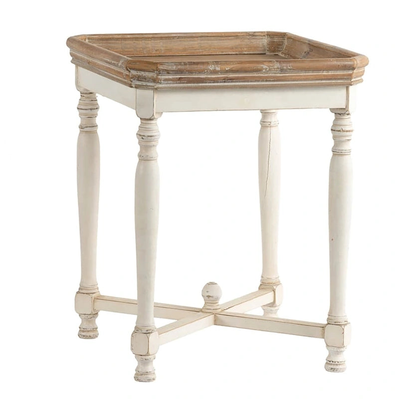 Off-White Square Tray-Top Side Table with Natural Wood Top – Casual Style, Living Room Use