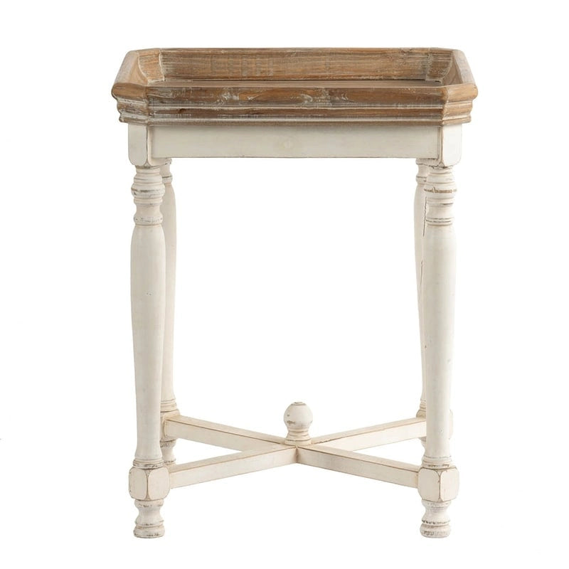 Off-White Square Tray-Top Side Table with Natural Wood Top – Casual Style, Living Room Use