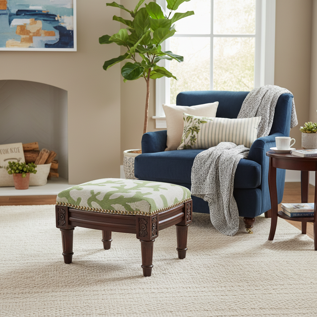 Green Wool Needlepoint Footstool with Coral Motif – Traditional Style, Single Use