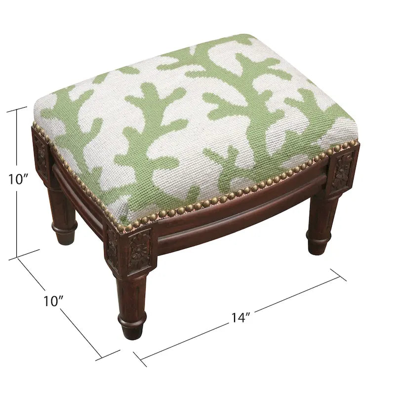 Green Wool Needlepoint Footstool with Coral Motif – Traditional Style, Single Use