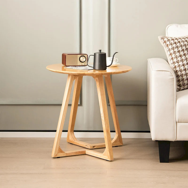 Natural Round Solid Rubber Wood End Table with V-Shaped Legs – Farmhouse Style, Living Room Use