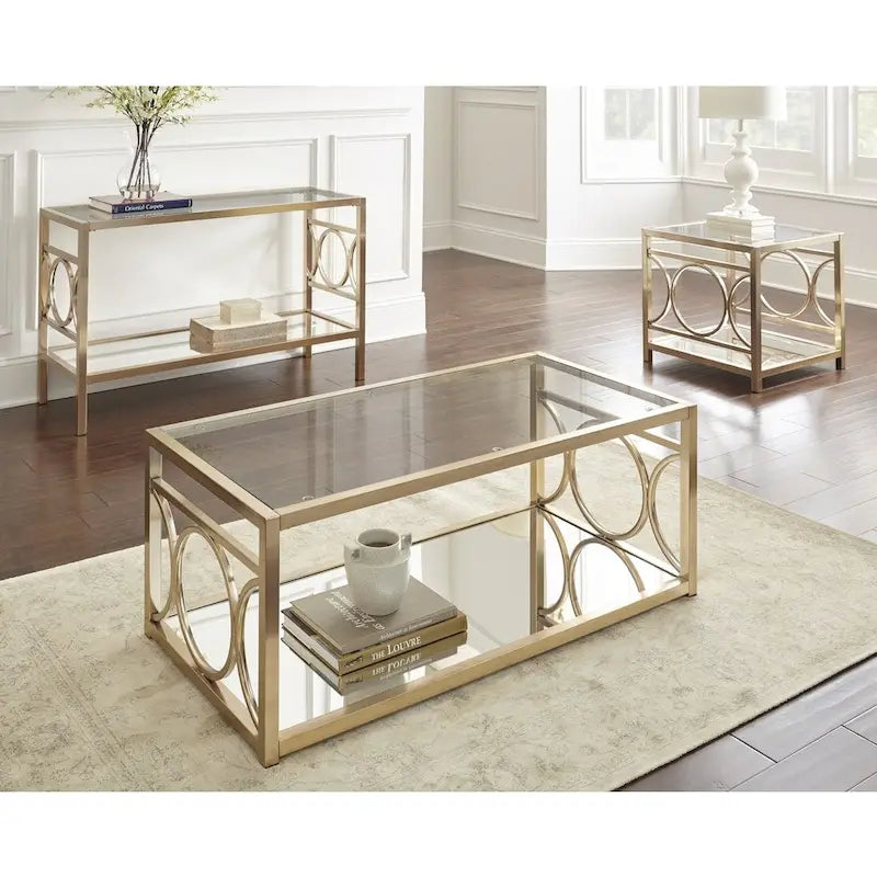 Gold Tempered Glass Sofa Table with Mirrored Shelf & Geometric Iron Base – Contemporary Style, Living Room Use