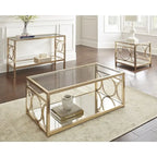 Gold Tempered Glass Sofa Table with Mirrored Shelf & Geometric Iron Base – Contemporary Style, Living Room Use