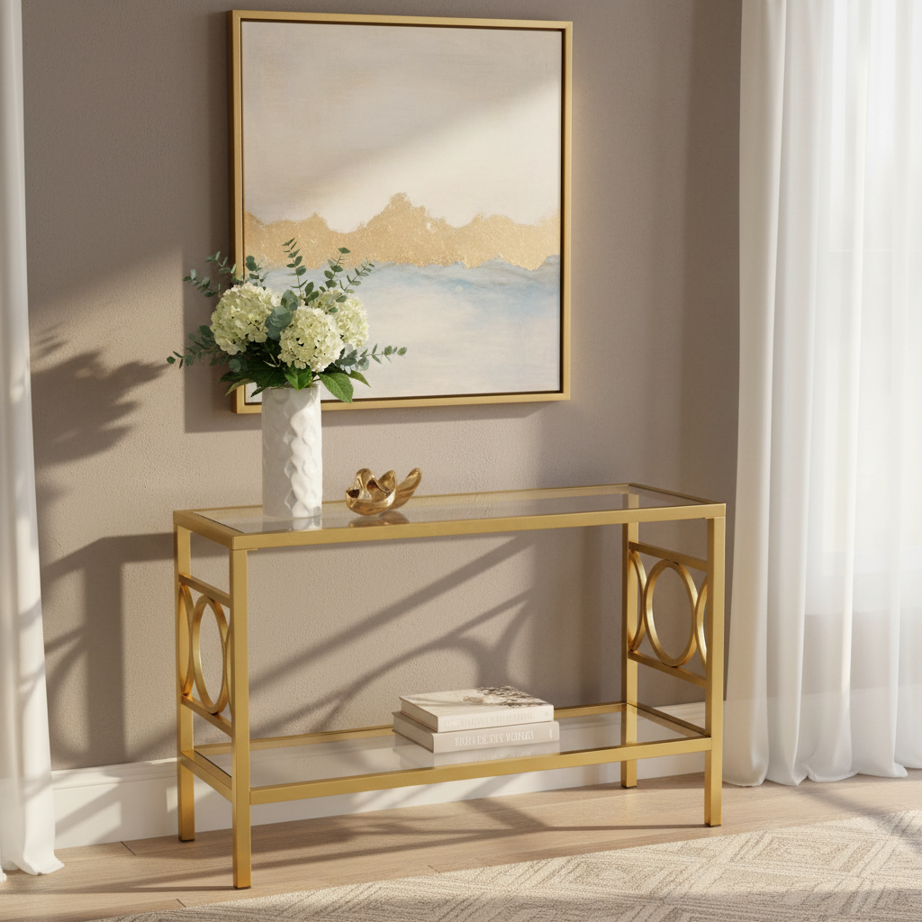 Gold Tempered Glass Sofa Table with Mirrored Shelf & Geometric Iron Base – Contemporary Style, Living Room Use