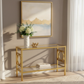 Gold Tempered Glass Sofa Table with Mirrored Shelf & Geometric Iron Base – Contemporary Style, Living Room Use