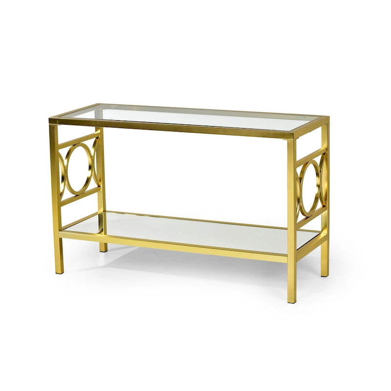 Gold Tempered Glass Sofa Table with Mirrored Shelf & Geometric Iron Base – Contemporary Style, Living Room Use