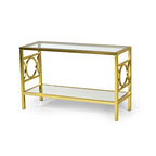 Gold Tempered Glass Sofa Table with Mirrored Shelf & Geometric Iron Base – Contemporary Style, Living Room Use