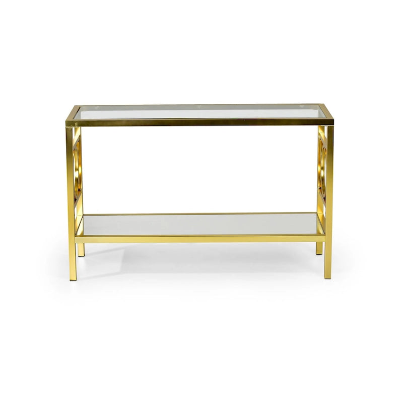 Gold Tempered Glass Sofa Table with Mirrored Shelf & Geometric Iron Base – Contemporary Style, Living Room Use