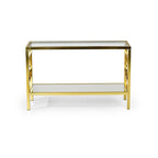 Gold Tempered Glass Sofa Table with Mirrored Shelf & Geometric Iron Base – Contemporary Style, Living Room Use