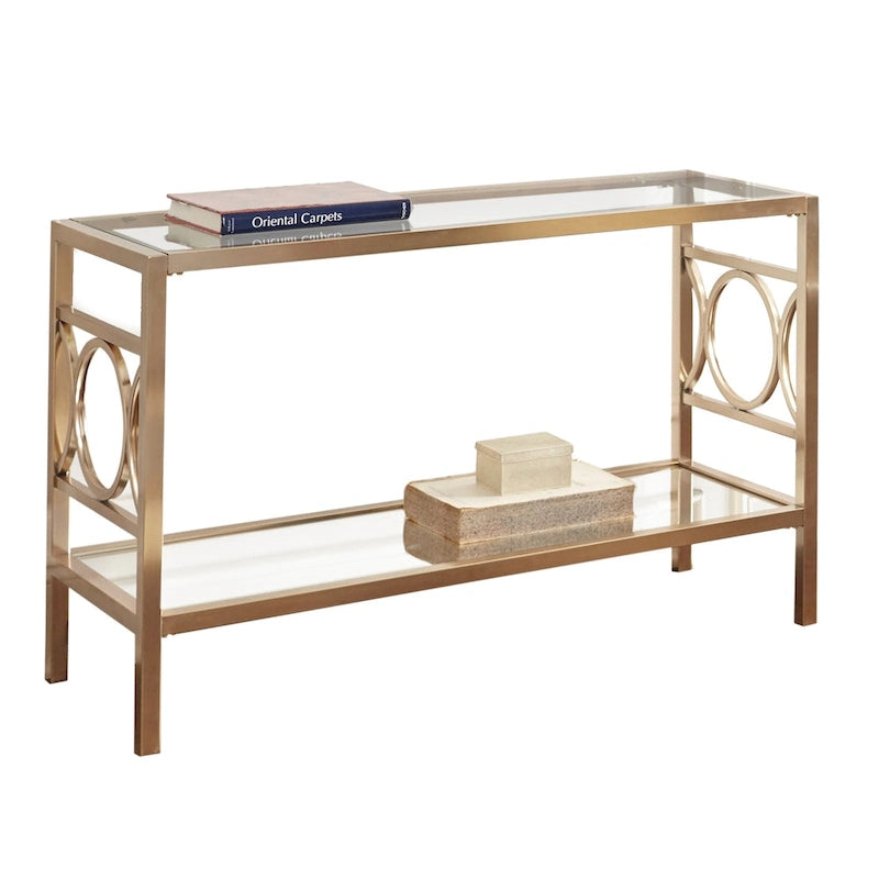 Gold Tempered Glass Sofa Table with Mirrored Shelf & Geometric Iron Base – Contemporary Style, Living Room Use