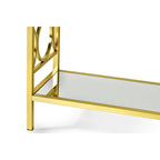 Gold Tempered Glass Sofa Table with Mirrored Shelf & Geometric Iron Base – Contemporary Style, Living Room Use