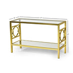 Gold Tempered Glass Sofa Table with Mirrored Shelf & Geometric Iron Base – Contemporary Style, Living Room Use